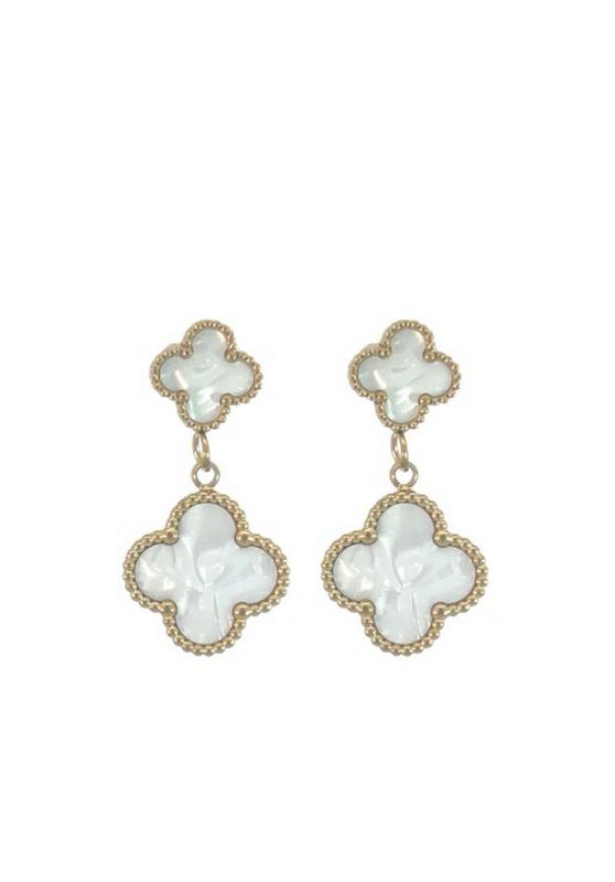 White Double Four Leaf Clover Earrings - 18K Gold Plated