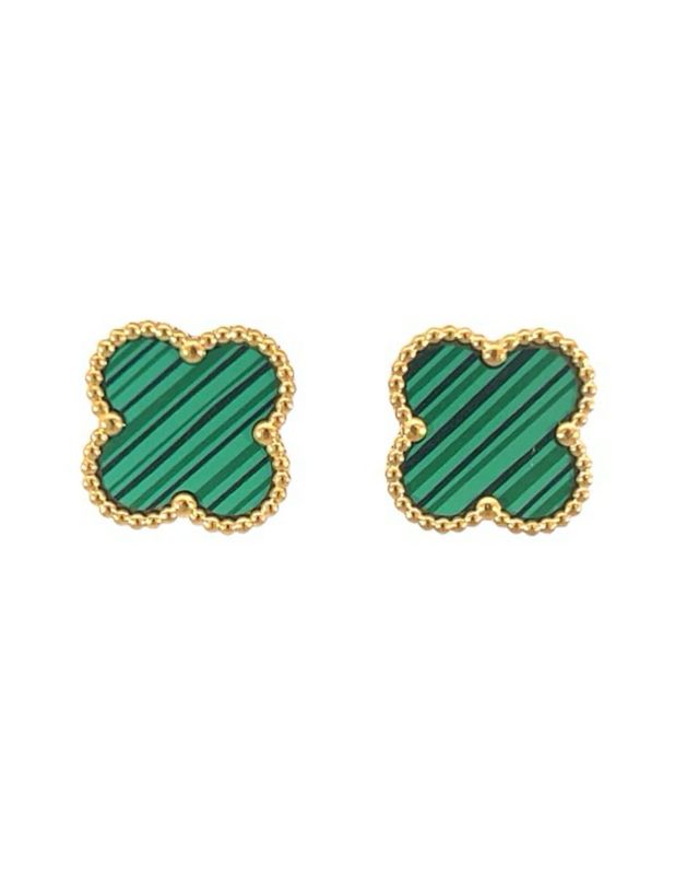 Green Four Leaf Clover Stud Earrings - 18K Gold Plated