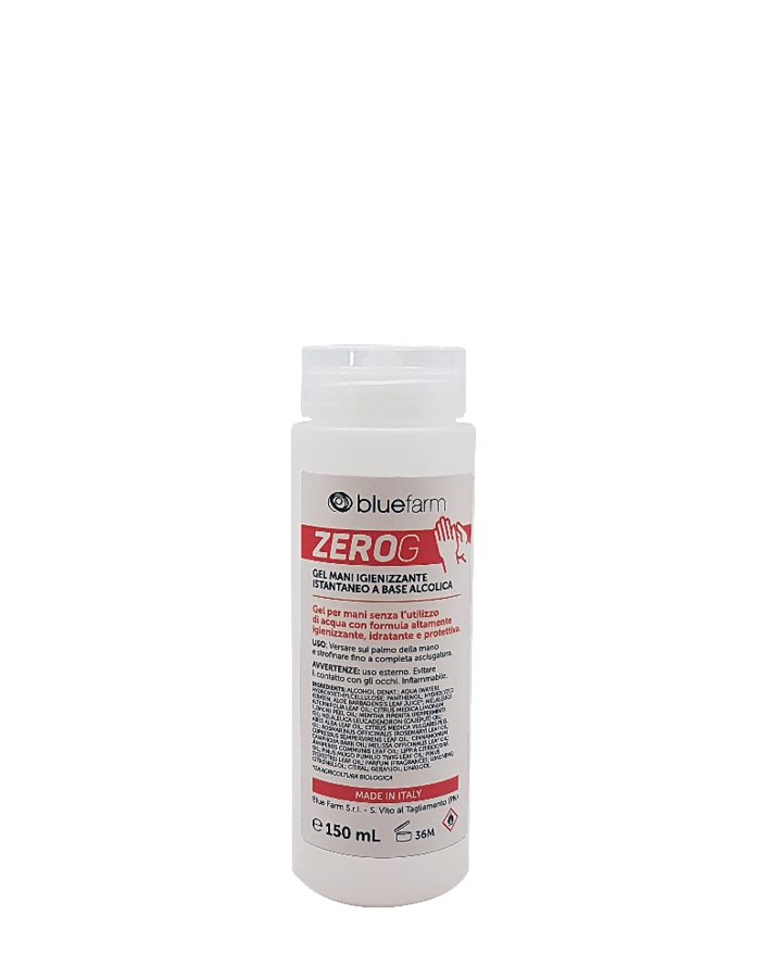 BLUE FARM | ZeroG. Hand sanitizing gel with Aloe &amp; essential oils. Alcohol: 70%, Item details. Price per box containing:: 150 ml