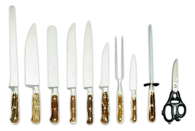 BLUE FARM | Due Buoi Knives. 609. Deer. "Solid" elm knife block. 10 pieces