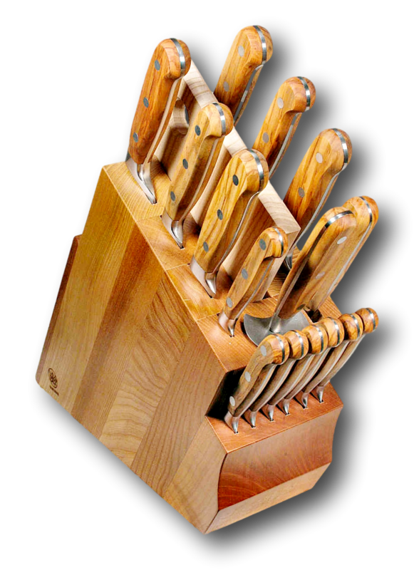 BLUE FARM | Due Buoi Knives. 608. Olive. &quot;Solid&quot; elm knife block. 15 pieces