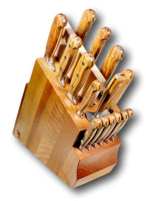BLUE FARM | Due Buoi Knives. 608. Olive. &quot;Solid&quot; elm knife block. 15 pieces