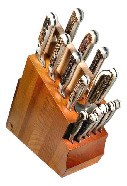 BLUE FARM | Due Buoi Knives. 608. Deer. &quot;Solid&quot; elm knife block. 15 pieces