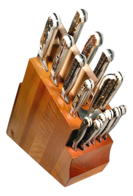 BLUE FARM | Due Buoi Knives. 608. Deer. &quot;Solid&quot; elm knife block. 15 pieces
