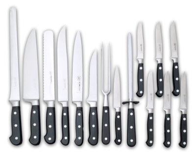 BLUE FARM | Due Buoi Knives. 608. Black. "Solid" elm knife block. 15 pieces