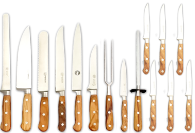 BLUE FARM | Due Buoi Knives. 608. Olive. "Solid" elm knife block. 15 pieces