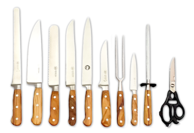 BLUE FARM | Due Buoi Knives. 609. Olive. "Solid" elm knife block. 10 pieces