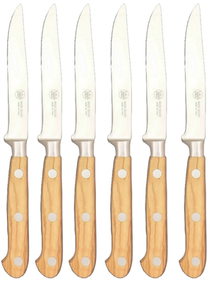 BLUE FARM | Due Buoi Knives. 605S. Olive. "Mini" wooden steak knife block. 6 pieces