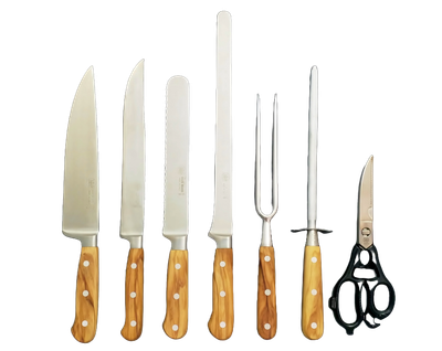 BLUE FARM | Due Buoi Knives. 604 B. Olive. Wooden block with forged knives. 7 pieces
