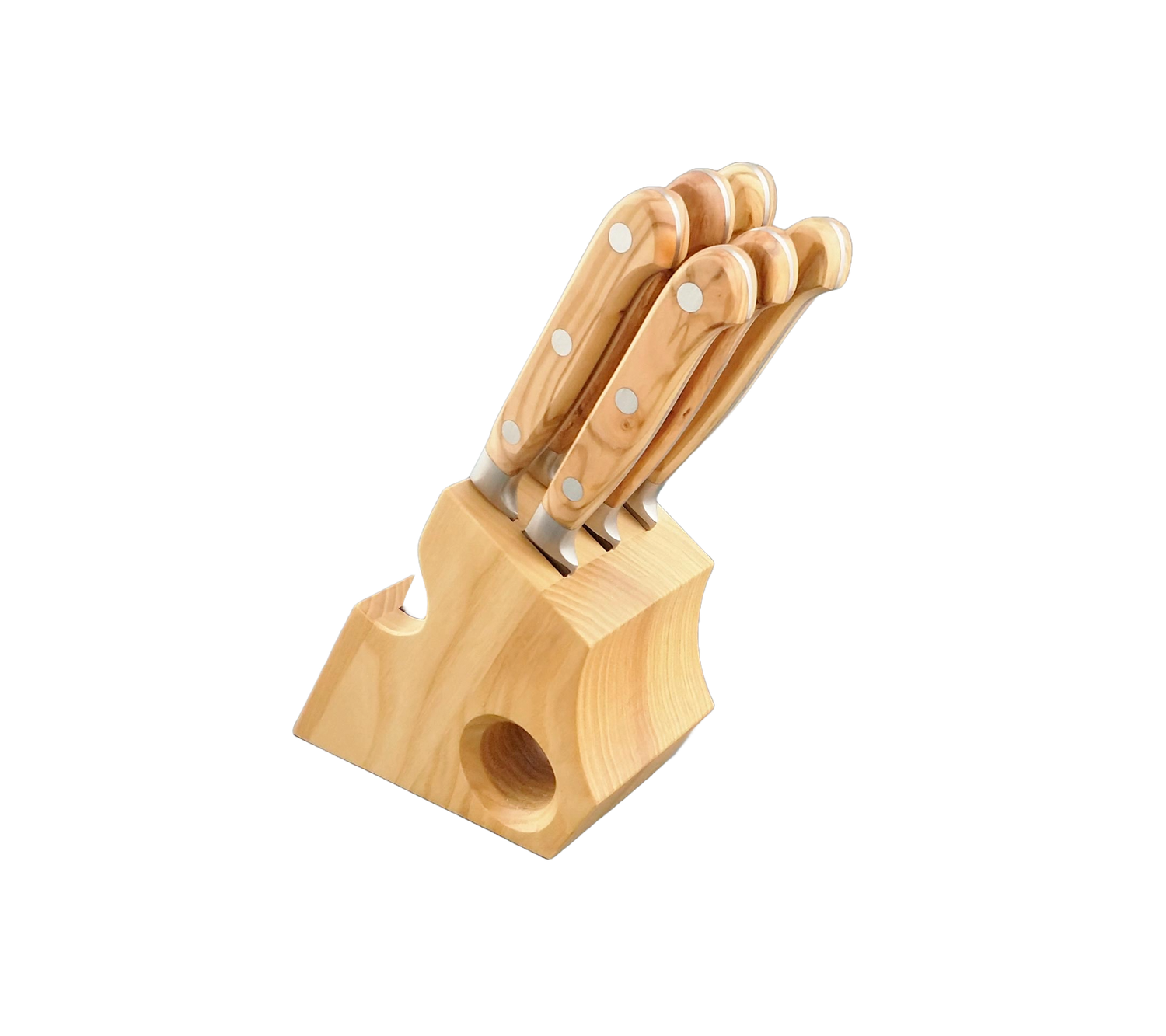 BLUE FARM | Due Buoi Knives. 605L. Olive. &quot;Mini&quot; wooden steak knife block. 6 pieces