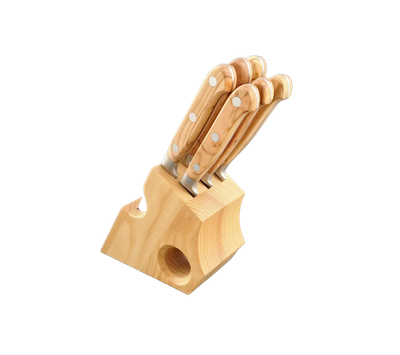 BLUE FARM | Due Buoi Knives. 605L. Olive. &quot;Mini&quot; wooden steak knife block. 6 pieces
