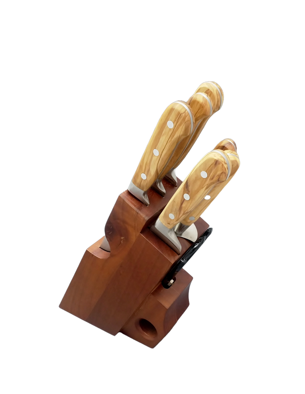 BLUE FARM | Due Buoi Knives. 604 B. Olive. Wooden block with forged knives. 7 pieces