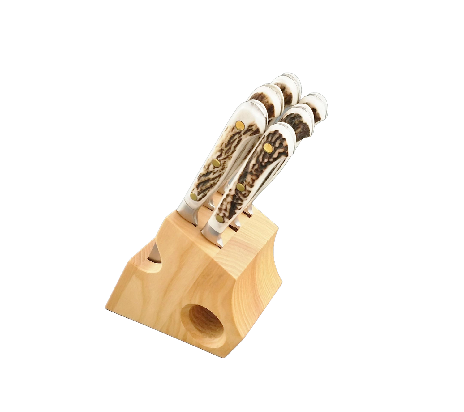 BLUE FARM | Due Buoi Knives. 605L. Deer. &quot;Mini&quot; wooden steak knife block. 6 pieces