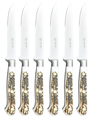 BLUE FARM | Due Buoi Knives. 605S. Deer. "Mini" wooden steak knife block. 6 pieces