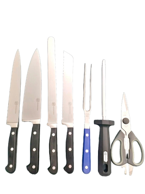 BLUE FARM | Due Buoi Knives. 603F. Negro. Bloque completo de línea de casa forjado. 7 piezas