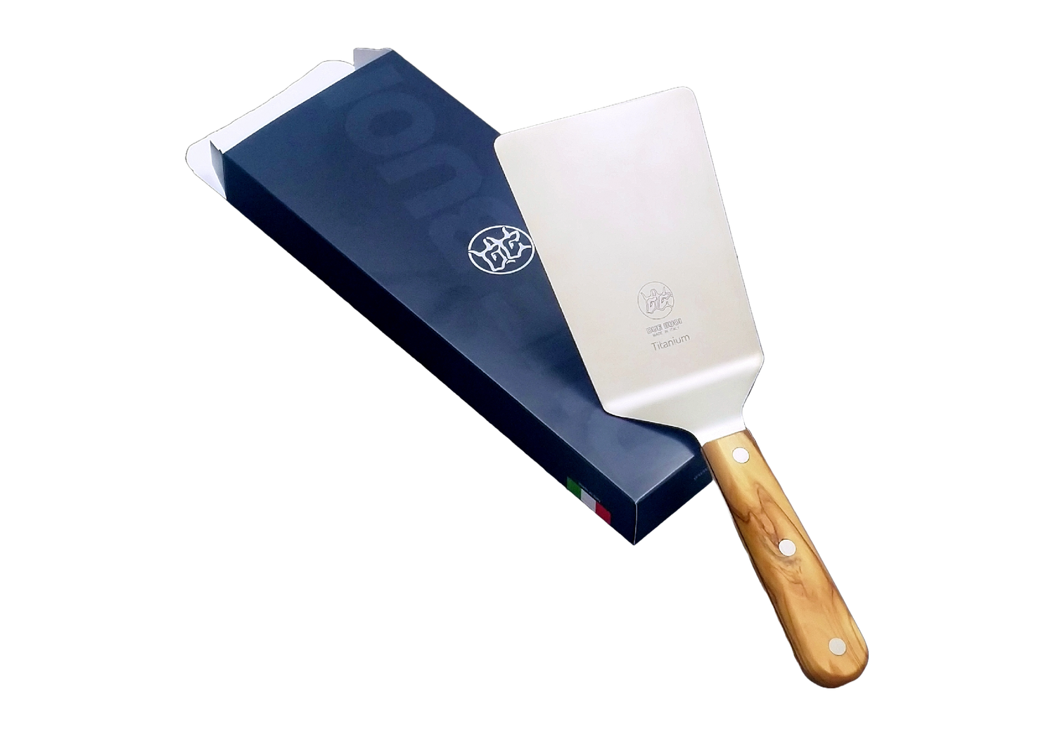 BLUE FARM | Due Buoi knives. 806TO. Titanium hamburger spatula. Olive wood handle