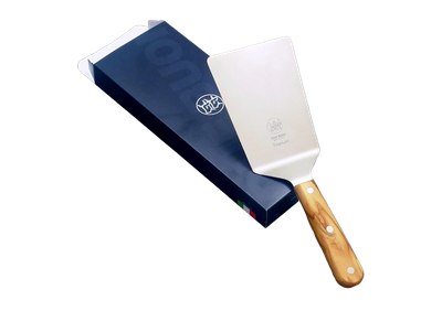 BLUE FARM | Due Buoi knives. 806TO. Titanium hamburger spatula. Olive wood handle
