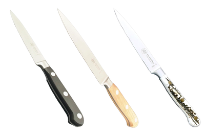 BLUE FARM | Due Buoi knives. 800/12. Chef&#39;s forged straight serrated point paring knife for fruit and vegetables. Stainless steel. 3 models available