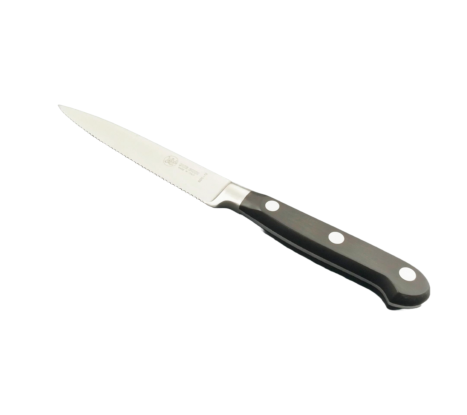 BLUE FARM | Due Buoi knives. 800/12. Spelucchino dritto a punta seghettato forgiato da chef per frutta e verdura. Inox. 3 modelli disponibili, Modello scelto: 8 cm. Manico in tecnopolimero nero