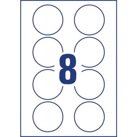Badge adesivi per tessuti rotondi Avery  65 mm - 8 et/foglio - stampanti inkjet Conf. 20 fogli -  J4881-20