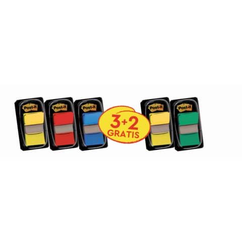 Segnapagina Post-it index 680 con dispenser - 24,5x43,6 mm Value pack 3+2 rosso, verde, giallo, blu - 680-3+2