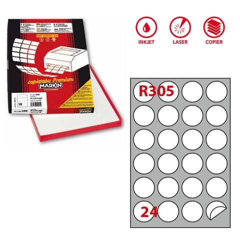 Etichette permanenti rotonde Copiatabu R305 bianco Laser/inkjet - 24 et./foglio - cf. 100 fogli Markin 40 mm