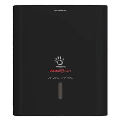 Dispenser antibatterico con adattatore Papernet Defend Tech per asciugamani piegati a C e Z  nero - 33,6x30x14,5 cm