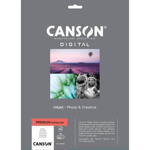 Carta fotografica Premium bianca 20 fogli - 255 g/m  HighGloss RC Canson A4 C33300S005