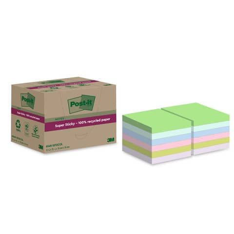 Foglietti riposizionabili Post-itSuper Sticky carta riciclata al 100% assortiti 76x76 mm - 12 blocchetti da 70 ff
