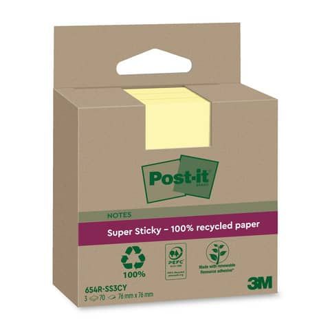 Foglietti riposizionabili Post-it Super Sticky carta riciclata al 100% 76x76 mm Giallo Canary - 3 blocchetti da 70 ff