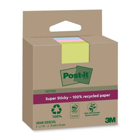 Foglietti riposizionabili Post-itSuper Sticky carta riciclata al 100% assortiti 76x76 mm - 3 blocchetti da 70 ff