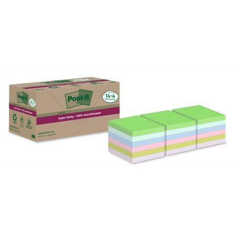 Foglietti riposizionabili Post-itSuper Sticky carta riciclata al 100% assortiti 76x76 mm - 18 blocchetti da 70 ff