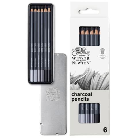 Scatola in metallo da 6 matite in carboncino Winsor&amp;Newton nero 0490025