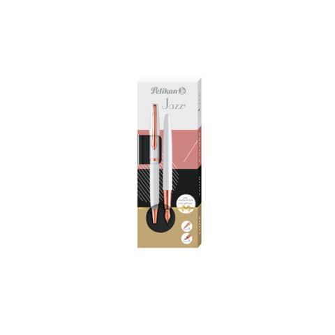 Set penna stilografica e sfera Pelikan Jazz NobleElegance blu in cofanetto regalo fusto bianco perla e rosa 821865