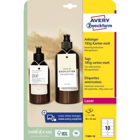 Cartellini rettangolari micro-perforati Avery in cartoncino da 185 g in conf. da 150 pz 80x50 mm - T1002-10