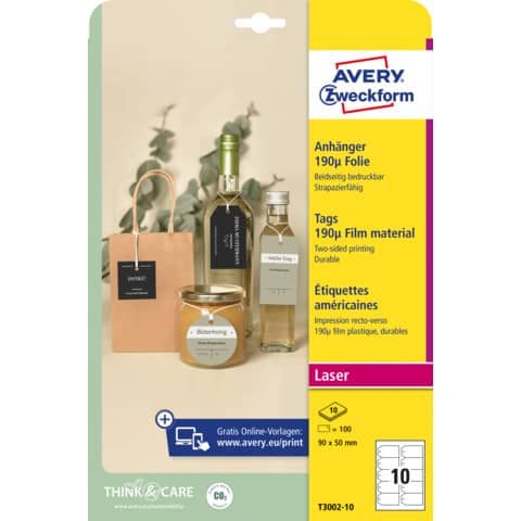 Cartellini micro-perforati Avery ultraresistenti in plastica da 190 rettangolari in conf. da 100 pz T3002-10