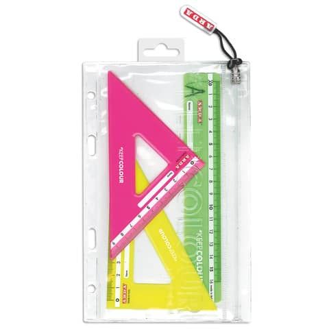 Miniset 3 pezzi da disegno in busta con zip Arda - 2 squadre 45e 60 + 1 righello 16 cm - KC7063