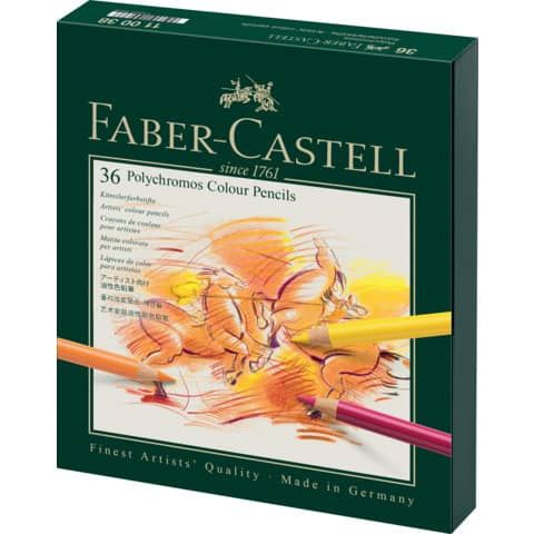 Matite colorate permanenti Faber Castell Polychromos mina 3,8 mm box similpelle assortiti conf. 36 pezzi - 110038