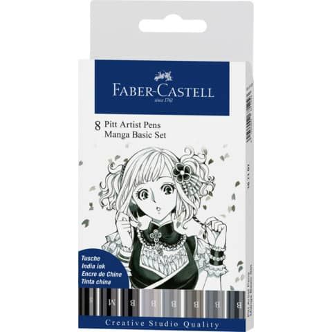 Penna inchiostro pigmentato Faber Castell Pitt Artist conf. 8 pezzi - Manga set grigio - 167107
