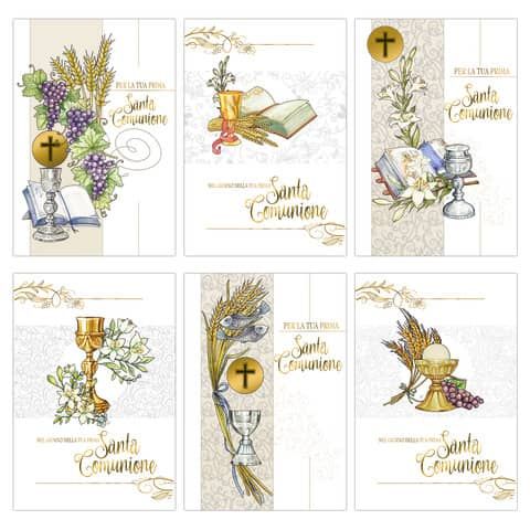 Biglietti augurali Prima Comunione Biembi Oro 12x18 cm conf. da 6 pezzi assortiti - Comunione - BXBDKTC01