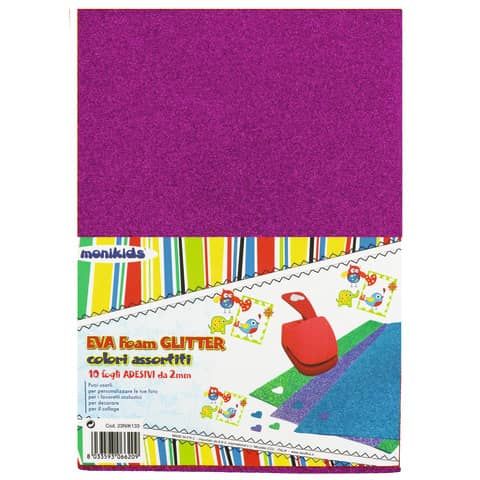 Foam in gomma Nikoffice EVA formato A4 colori assortiti glitterato adesivo - conf. 10 fogli - 23NIK133