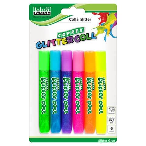Colla glitter Lebez Cropex in tubetto fluo - blister da 6 tubetti 10,5 ml - colori assortiti - 80027