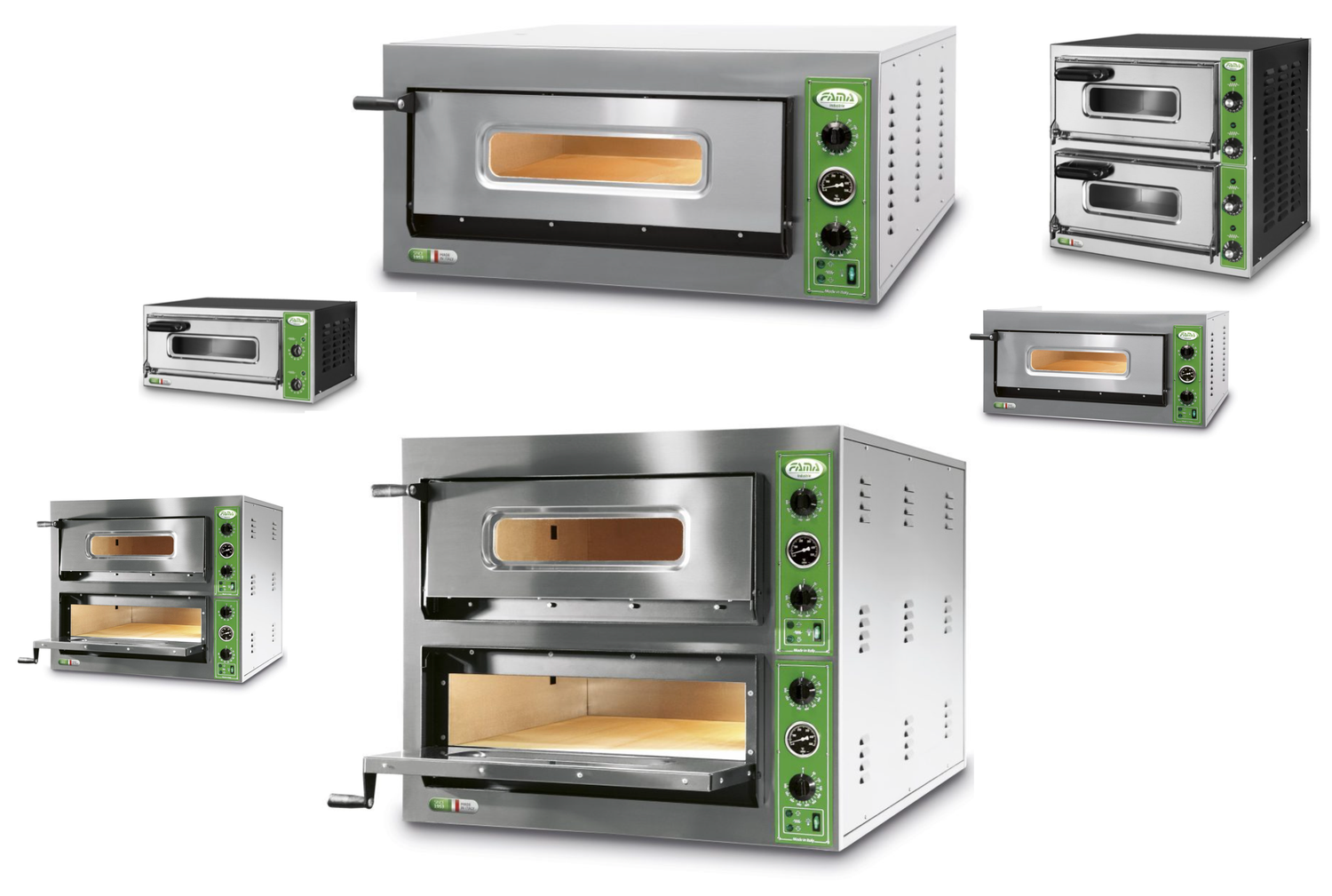 BLUE FARM | FAMA. Series 7, 8 and 9. Electric pizza ovens. Glass door. Single and three phase 230 - 400 V / 50 Hz