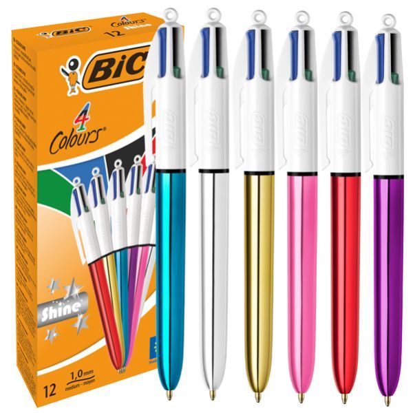 BLUE FARM | BIC. 4 Colours Shine Retractable Ballpoint Pen Assorted Barrels - M 1 mm. 12 assorted pieces
