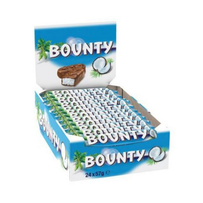 BLUE FARM | Bounty. Milk chocolate bars filled with coconut. Boxes of 24 packs