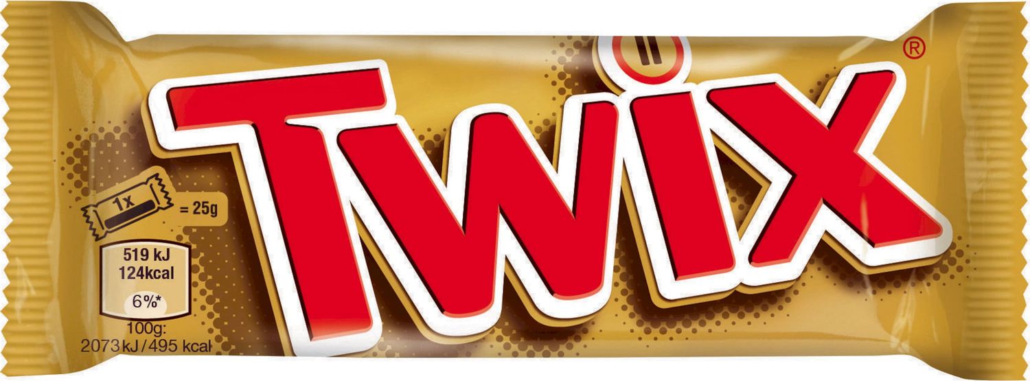BLUE FARM | Twix. Chocolate, biscuit and caramel bar 25g x 2. Boxes of 25 packs