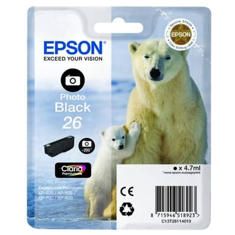 Cartuccia inkjet Orso polare 26 Epson nero fotografico C13T26114012