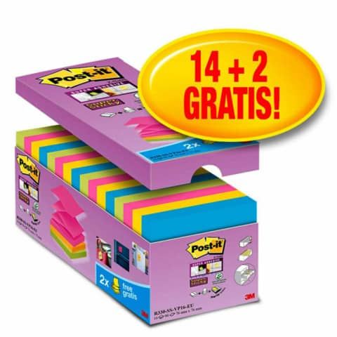 Foglietti Post-it Super Sticky Z-notes assortiti conf. 14 blocchetti + 2 gratis da 100 ff - R330-SS-VP16-EU