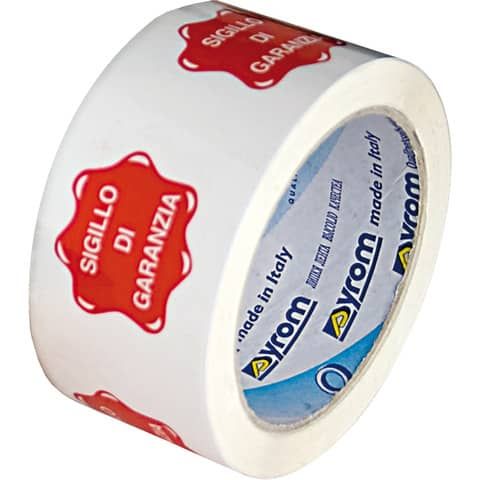 Nastro adesivo da imballo Vinyl SYROM formato 50 mm  x 66 m bianco (stampa rossa &#39;&#39;sigillo di garanzia&#39;&#39;) - 7617