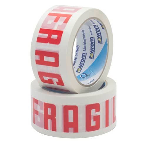 Nastro adesivo da imballo Vinyl SYROM formato 50 mm x 66 m - pvc bianco (stampa rossa &#39;&#39;fragile&#39;&#39;) - 7621